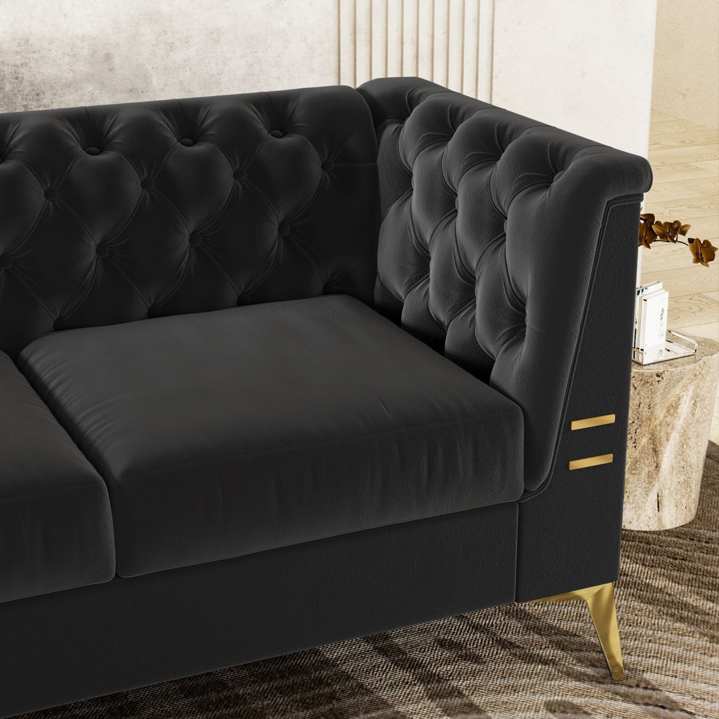 Divano moderno in velluto a 3 posti da 82'' con design capitonné e gambe in metallo dorato