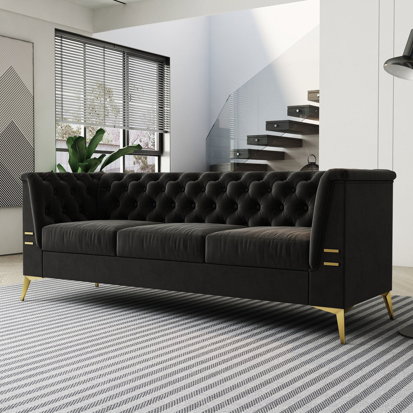 Divano moderno in velluto a 3 posti da 82'' con design capitonné e gambe in metallo dorato