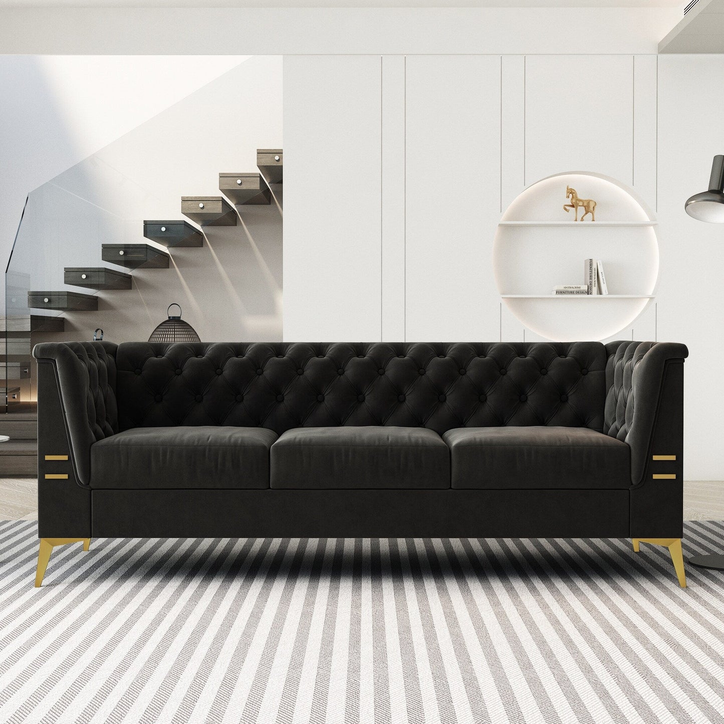 Divano moderno in velluto a 3 posti da 82'' con design capitonné e gambe in metallo dorato