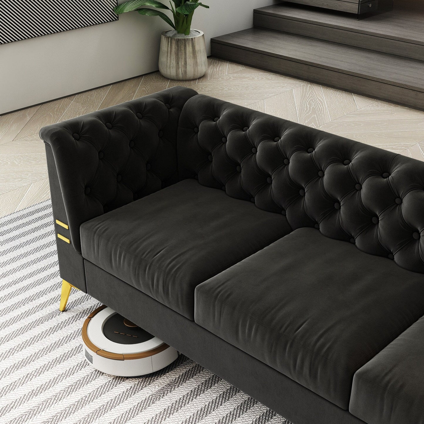 Divano Chesterfield in velluto da 82'' a 3 posti con gambe in metallo dorato, spugna ad alto rimbalzo e cuscini rimovibili