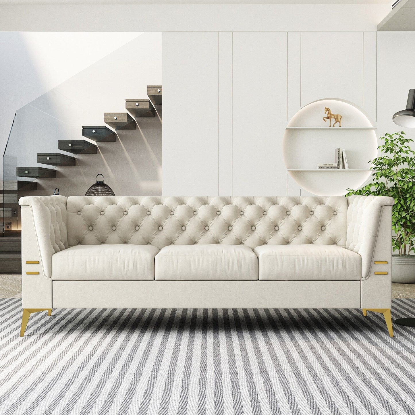 Divano Chesterfield in velluto da 82'' a 3 posti con gambe in metallo dorato, spugna ad alto rimbalzo e cuscini rimovibili