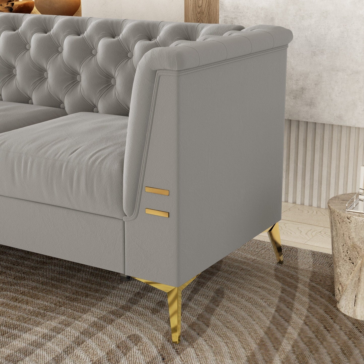 Divano Chesterfield in velluto da 82'' a 3 posti con gambe in metallo dorato, spugna ad alto rimbalzo e cuscini rimovibili