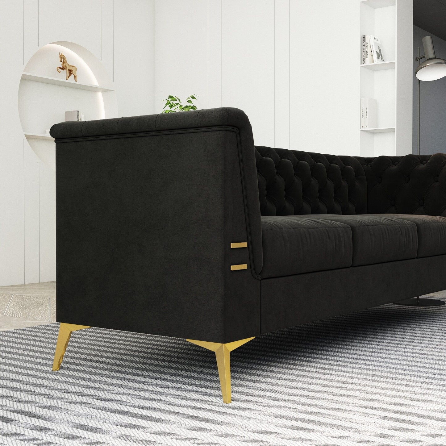 Divano Chesterfield in velluto da 82'' a 3 posti con gambe in metallo dorato, spugna ad alto rimbalzo e cuscini rimovibili