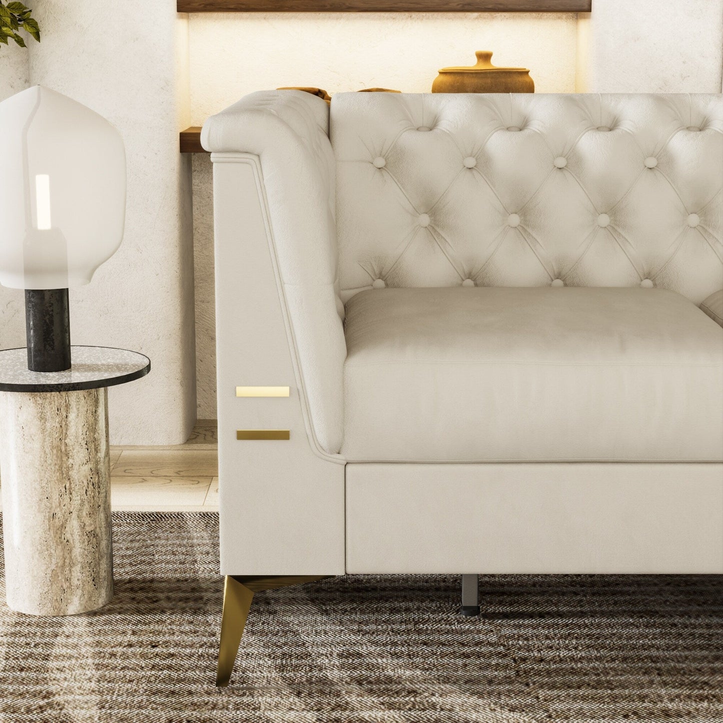 Divano Chesterfield in velluto da 82'' a 3 posti con gambe in metallo dorato, spugna ad alto rimbalzo e cuscini rimovibili