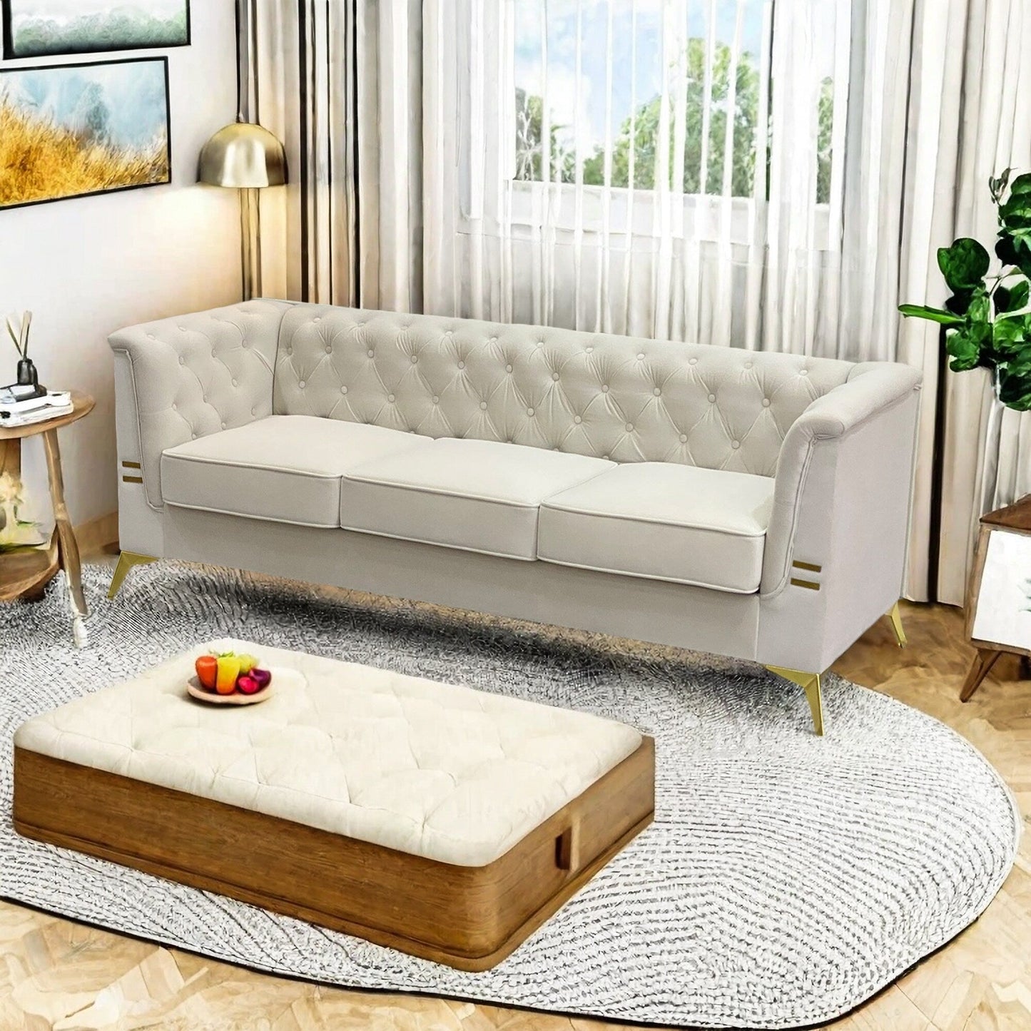 Divano Chesterfield in velluto da 82'' a 3 posti con gambe in metallo dorato, spugna ad alto rimbalzo e cuscini rimovibili