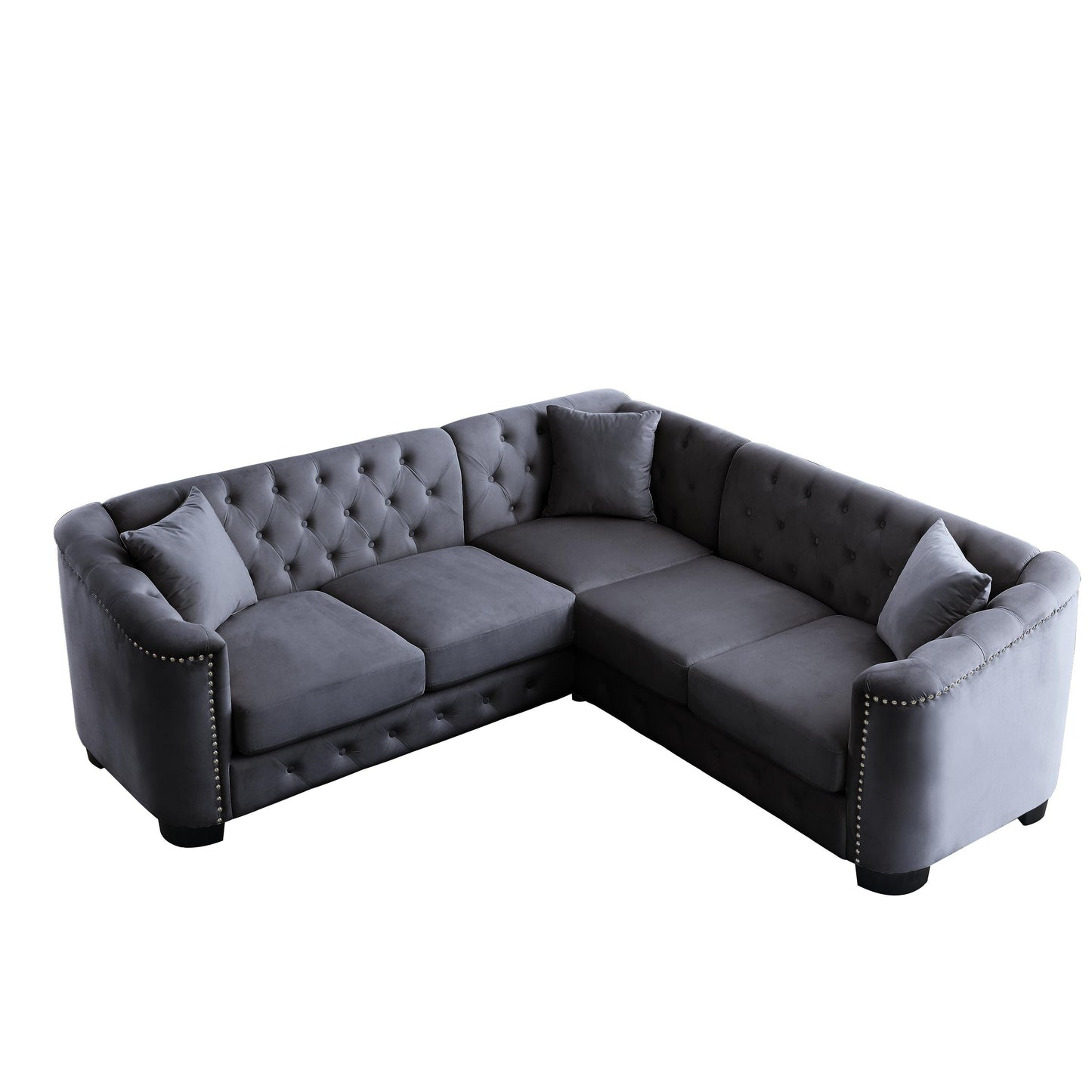 Divano Chesterfield a L in velluto da 82'' a 5 posti con finiture a borchie, cuscini rimovibili e 3 cuscini