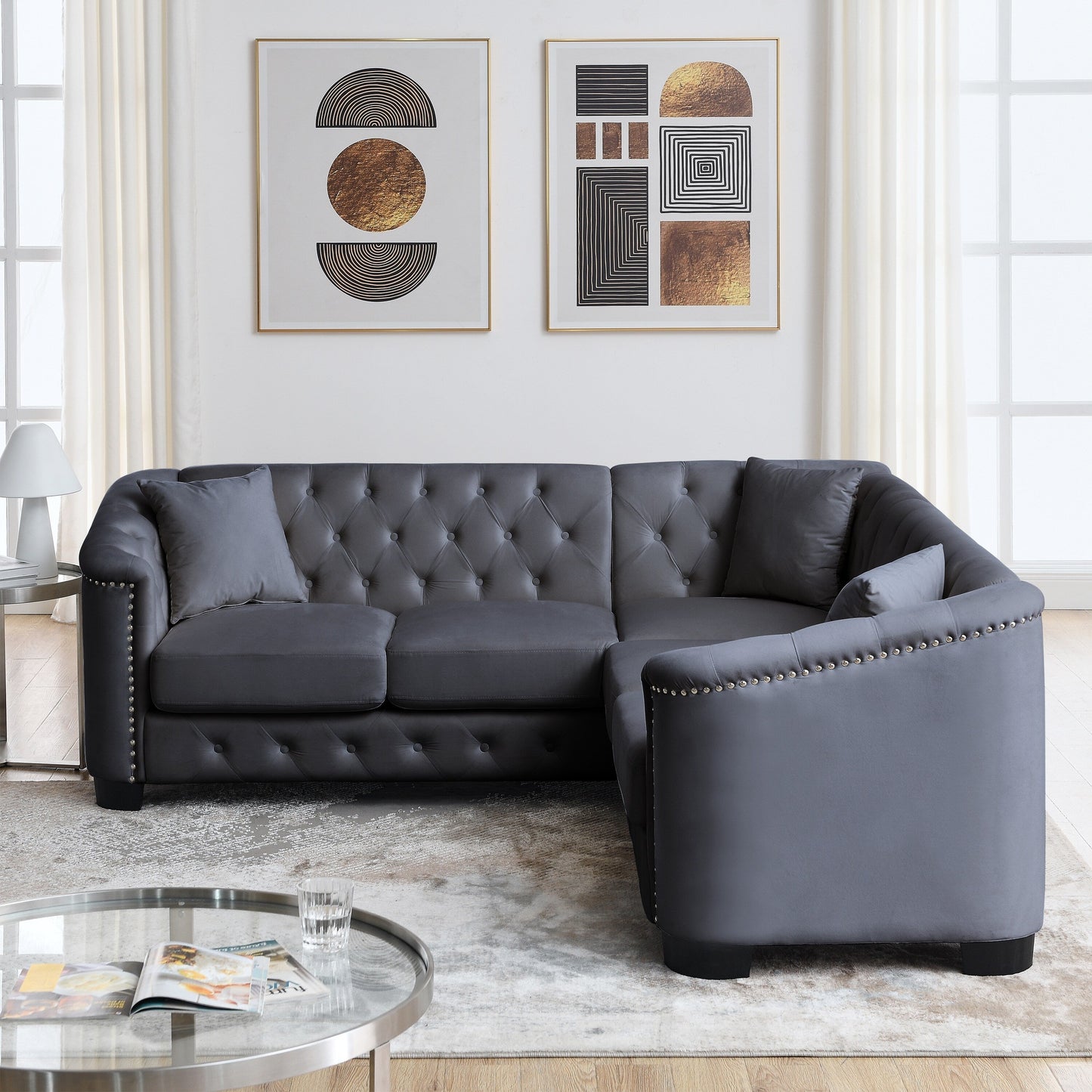 Divano angolare Chesterfield in velluto da 82'' a forma di L, 5 posti con finiture a borchie, cuscini rimovibili e struttura in legno massello