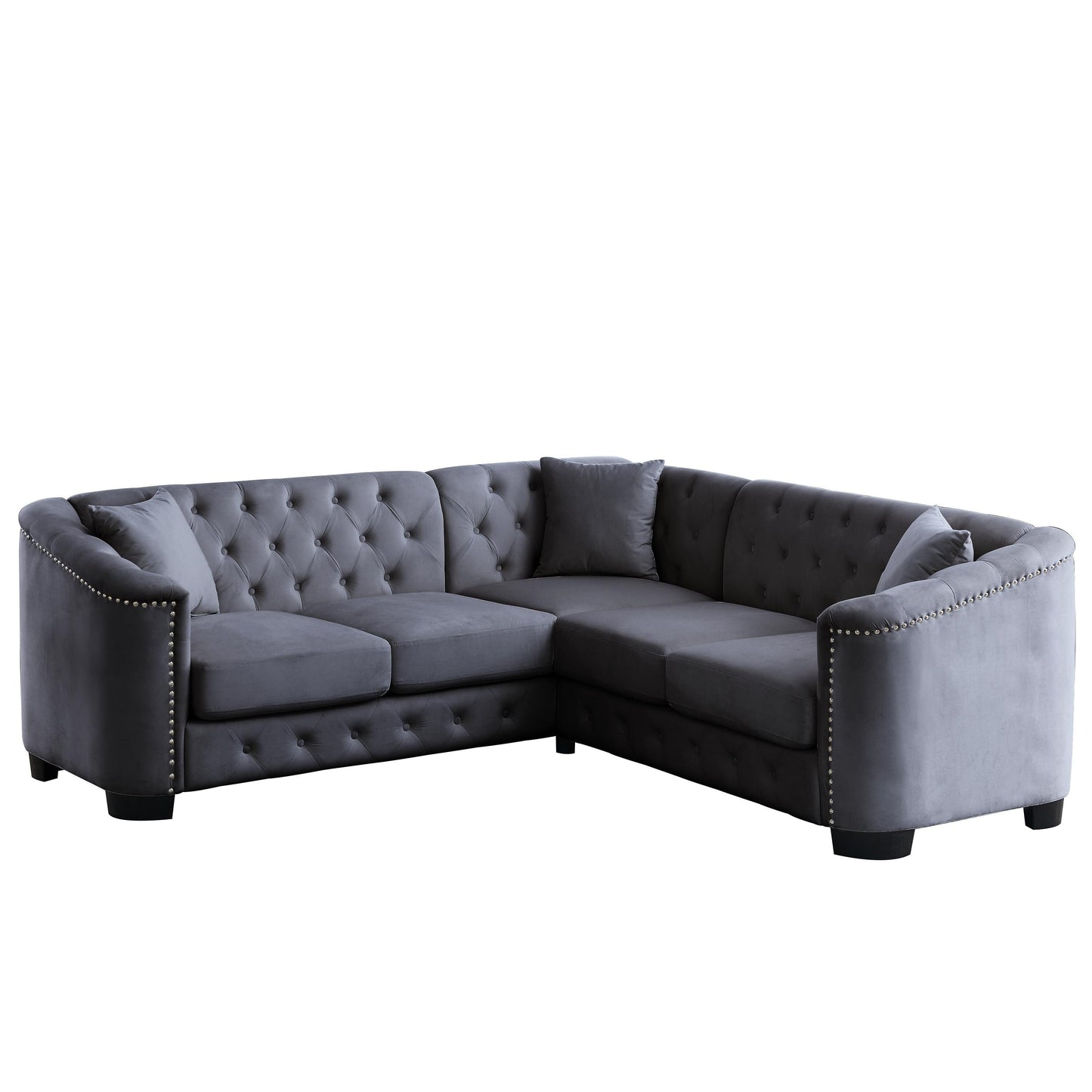 Divano Chesterfield a L in velluto da 82'' con cuscini rimovibili, 5 posti, finiture con borchie e struttura in legno massello