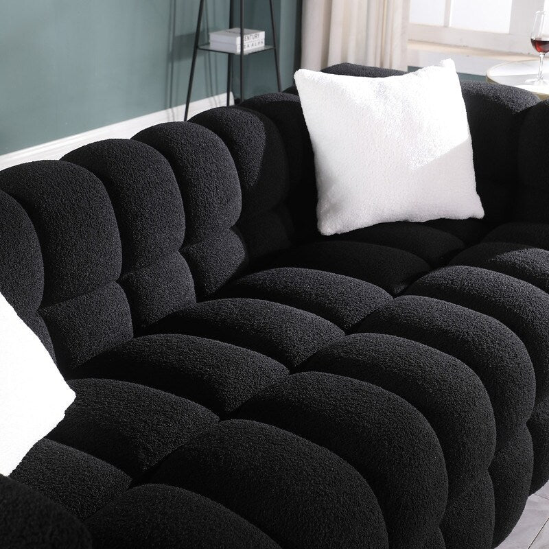 84.3 Lussuoso divano Boucle grande a 3 posti con rivestimento in marshmallow, 2 cuscini decorativi quadrati e bracciolo quadrato