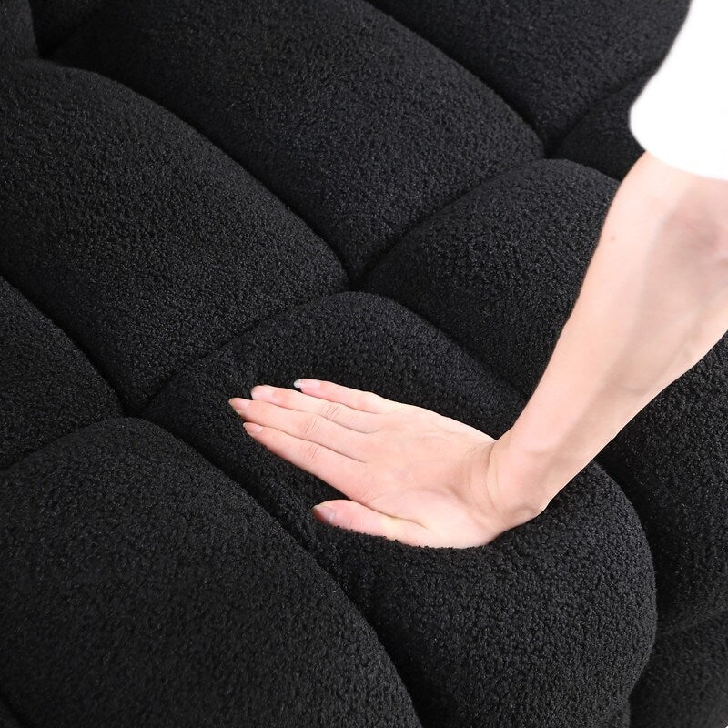 84.3 Lussuoso divano Boucle grande a 3 posti con rivestimento in marshmallow, 2 cuscini decorativi quadrati e bracciolo quadrato