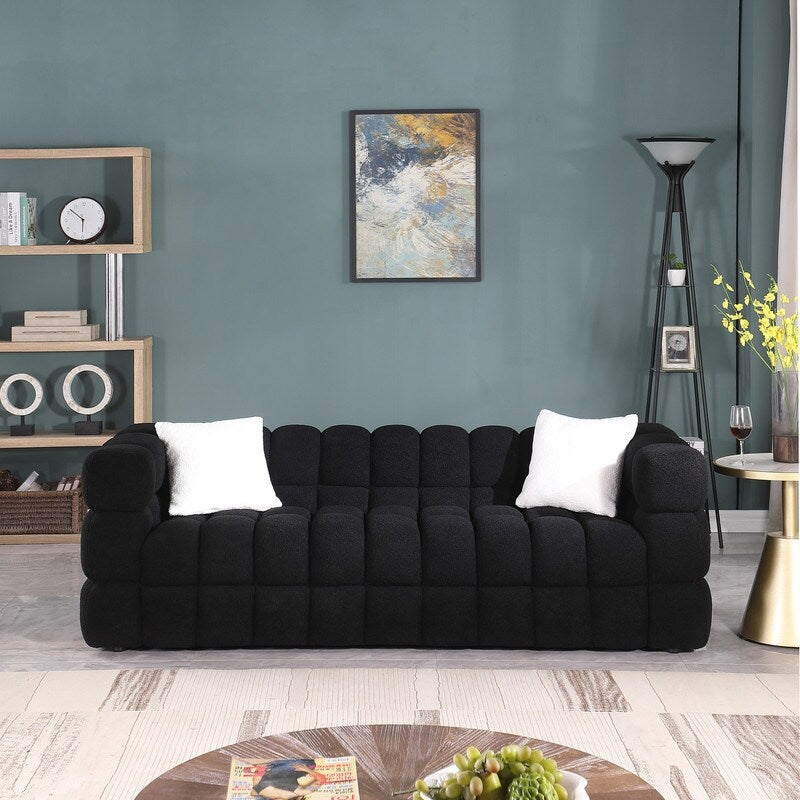 84.3 Lussuoso divano Boucle grande a 3 posti con rivestimento in marshmallow, 2 cuscini decorativi quadrati e bracciolo quadrato