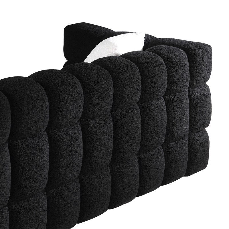 84.3 Lussuoso divano Boucle grande a 3 posti con rivestimento in marshmallow, 2 cuscini decorativi quadrati e bracciolo quadrato