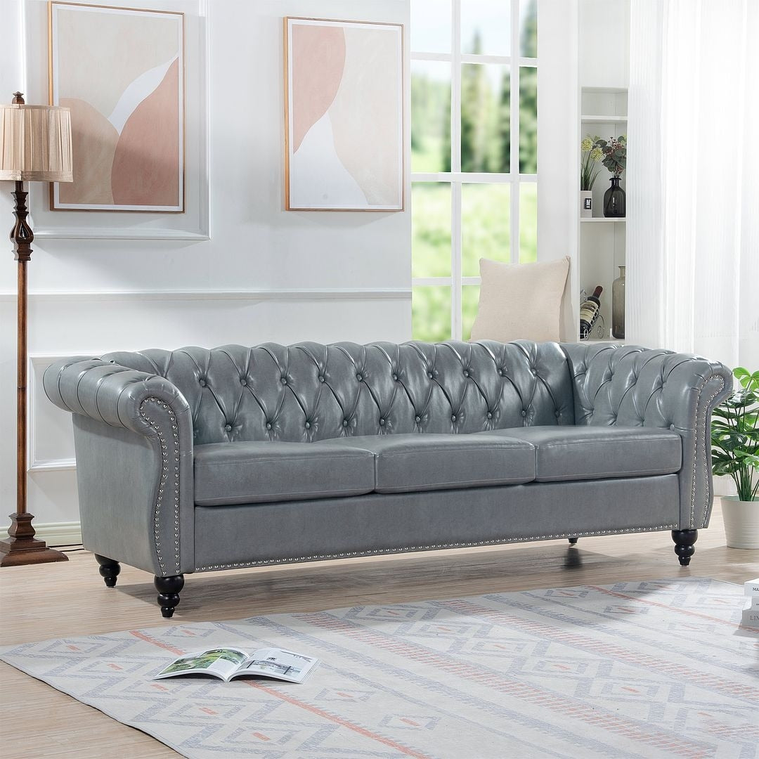 Divano Chesterfield in similpelle trapuntato da 84,65 pollici con braccioli arrotolati