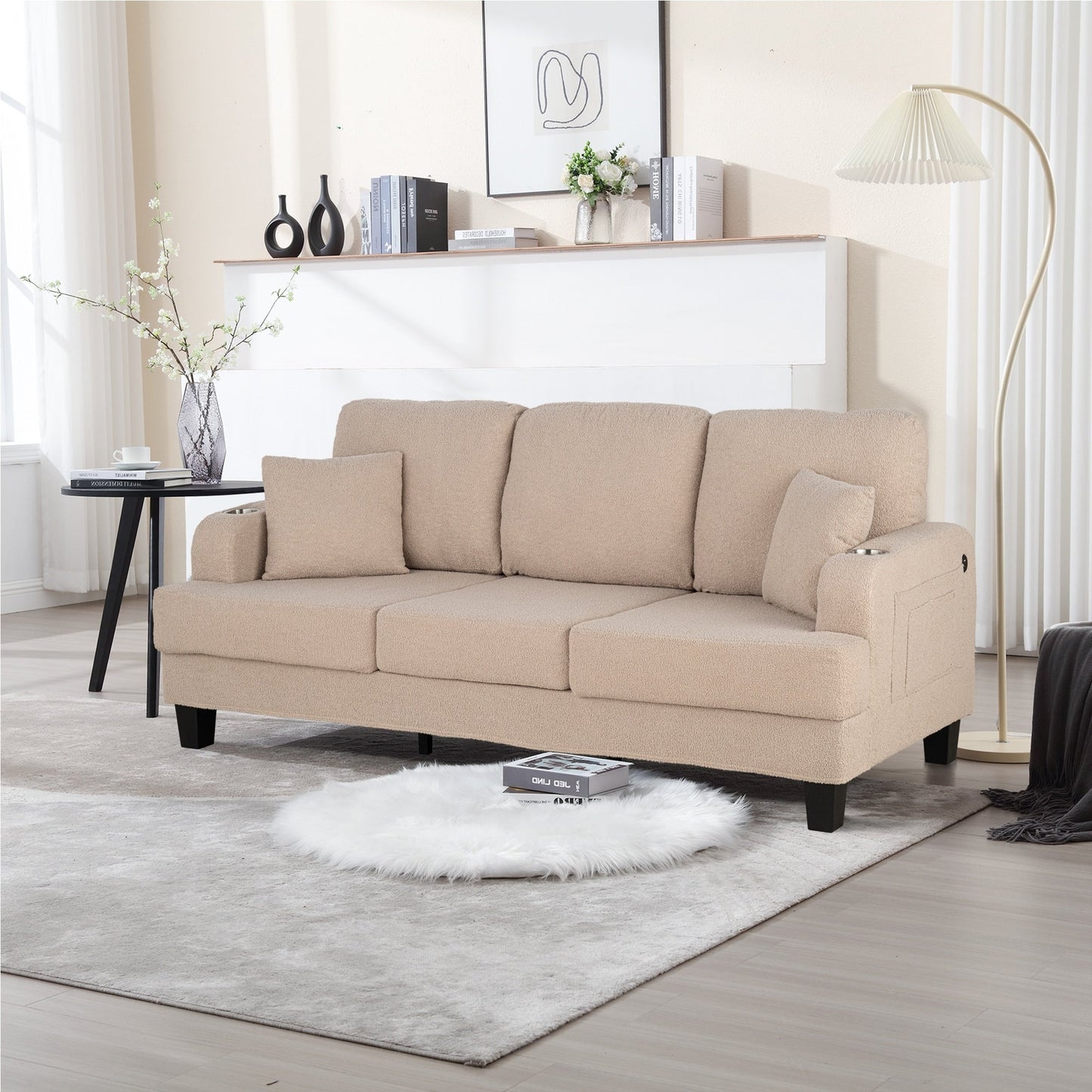 Divano moderno a 3 posti in velluto a coste beige con USB e 2 cuscini