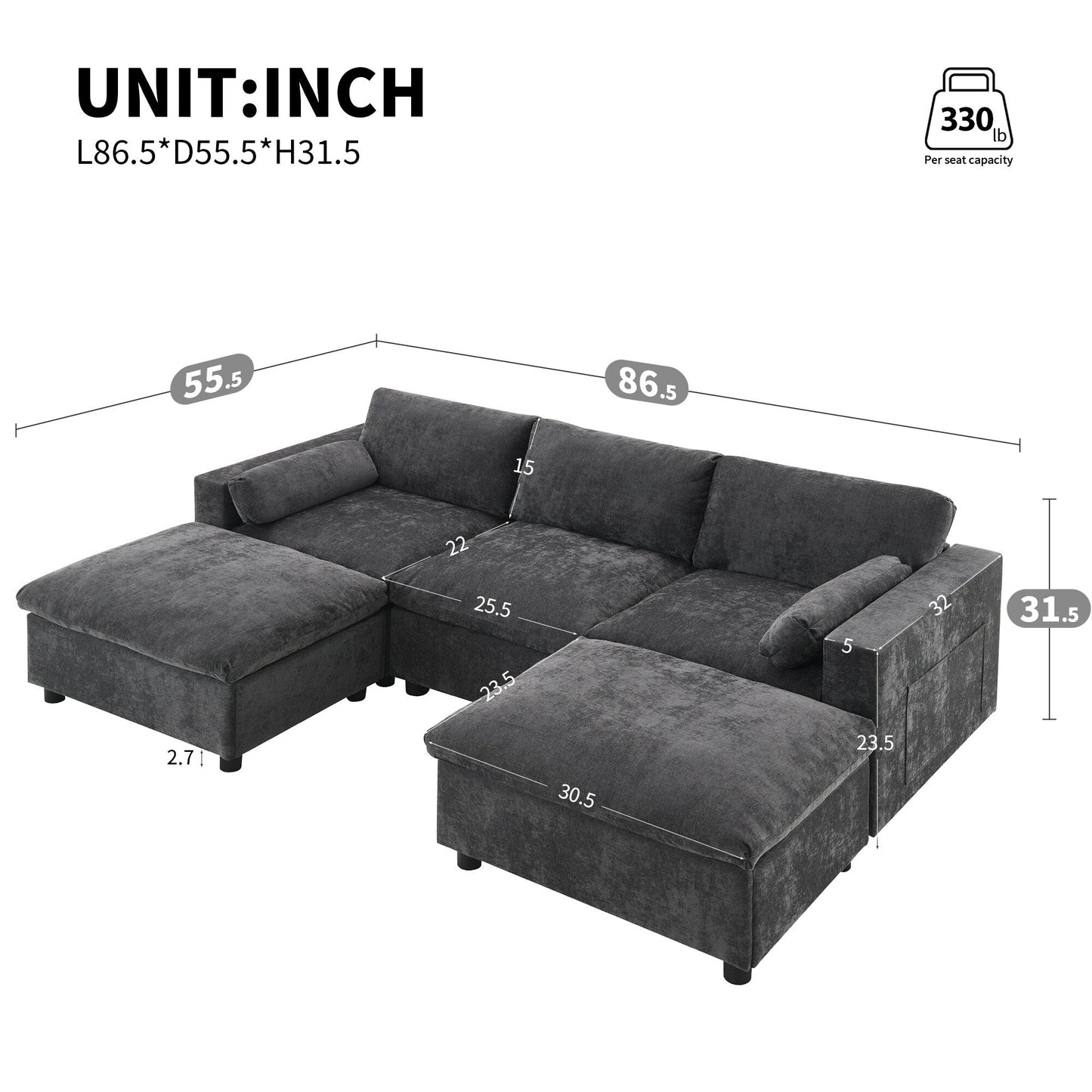 Divano componibile in ciniglia a forma di U da 86,5 pollici con tasche portaoggetti, 2 pouf mobili e cuscini decorativi per il soggiorno