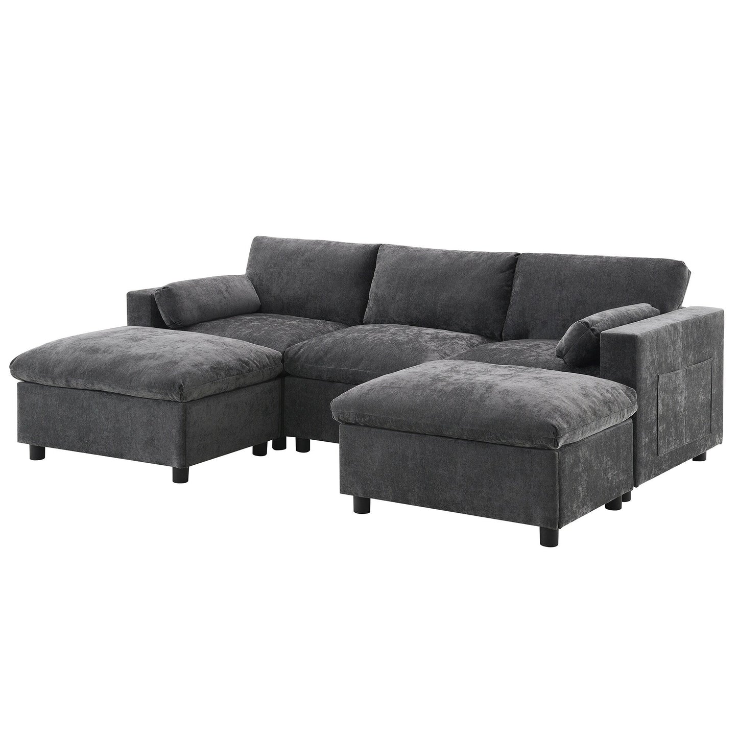 Divano componibile in ciniglia a forma di U da 86,5 pollici con tasche portaoggetti, 2 pouf mobili e cuscini decorativi per il soggiorno