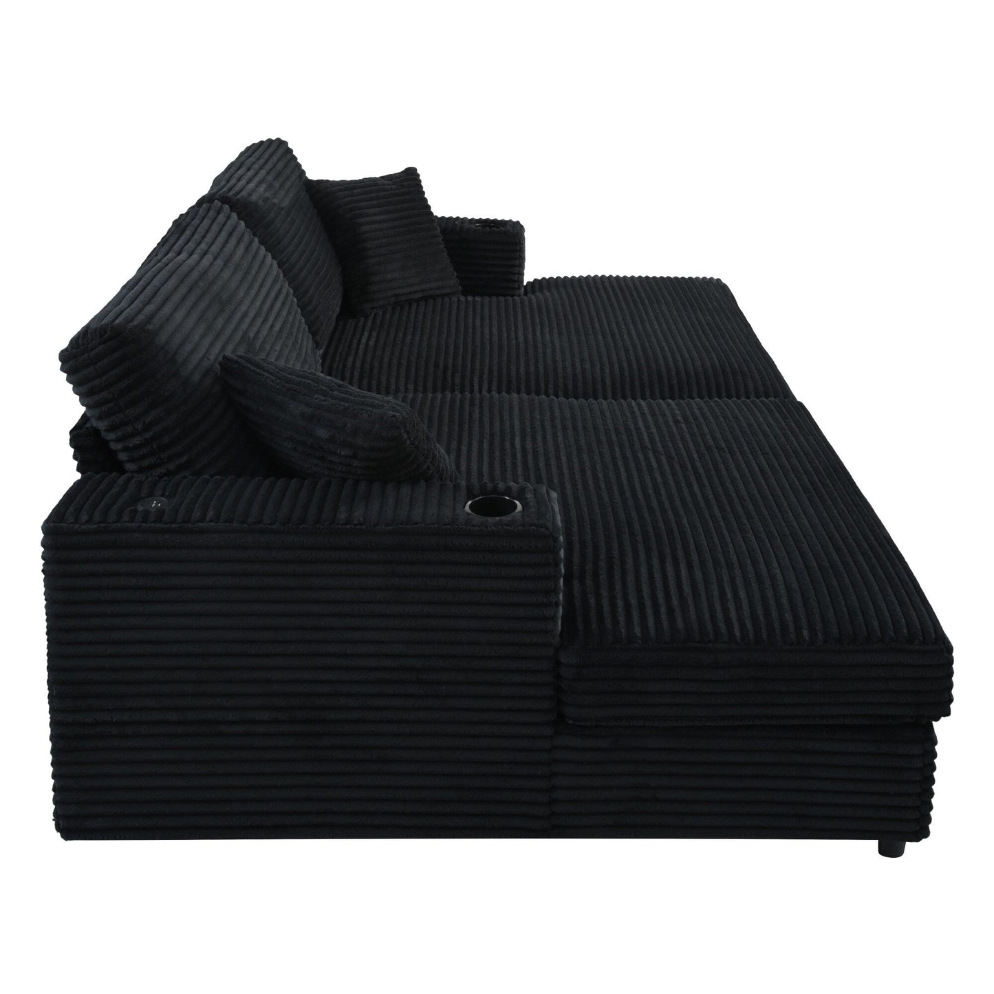 Divano chaise longue in velluto a coste da 86,5 pollici con 2 porte USB, portabicchieri e capacità di 550 libbre