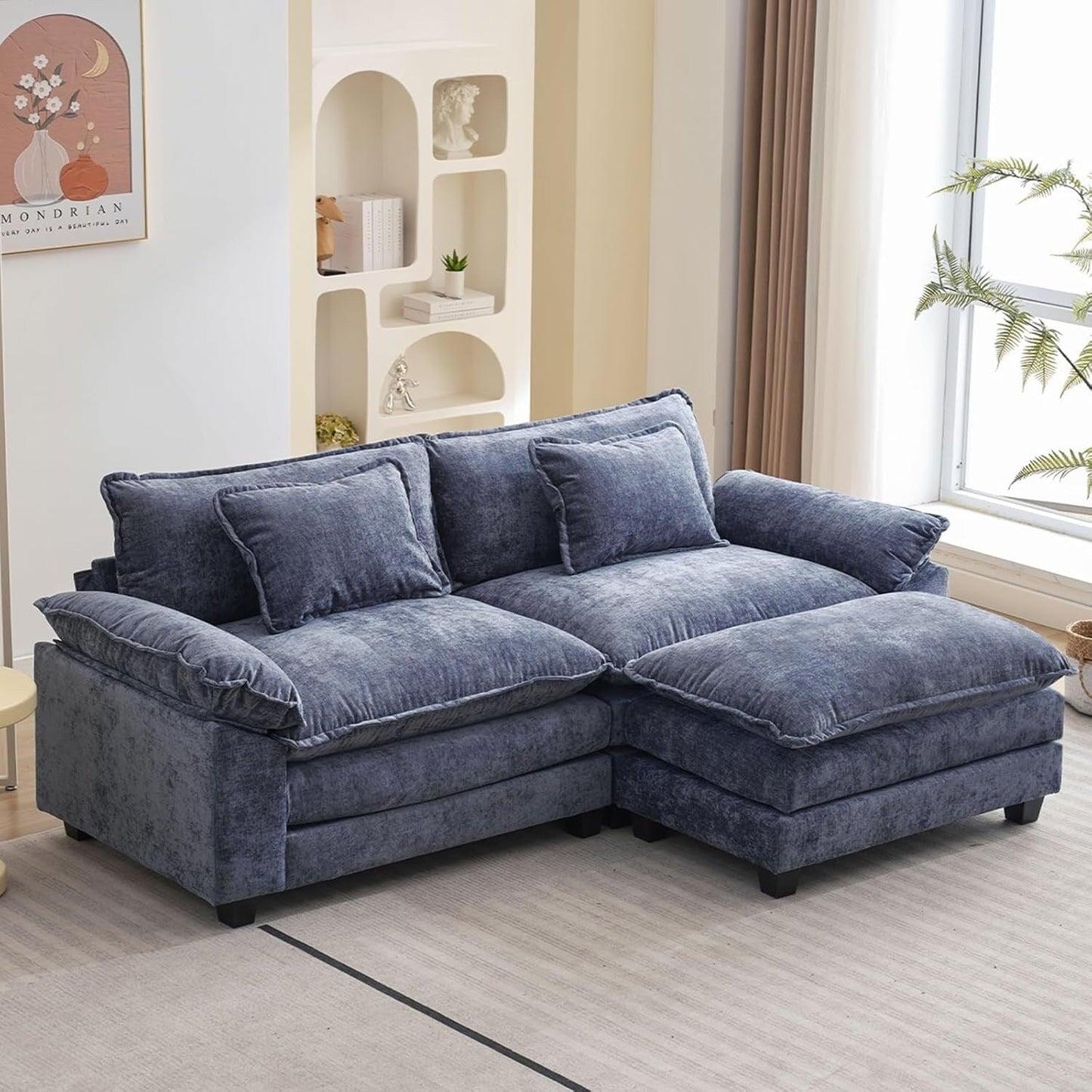 Divano componibile 86 Cloud - Divano a L in ciniglia con pouf e cuscini, seduta profonda (beige bianco)