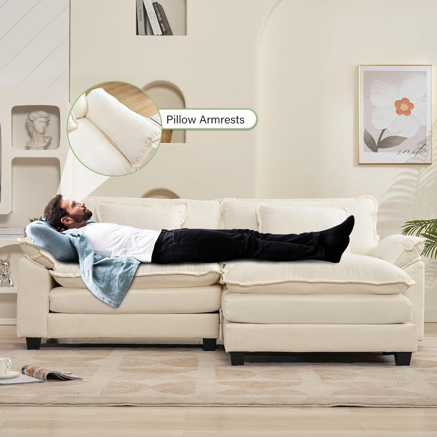 Divano componibile 86 Cloud - Divano a L in ciniglia con pouf e cuscini, seduta profonda (beige bianco)