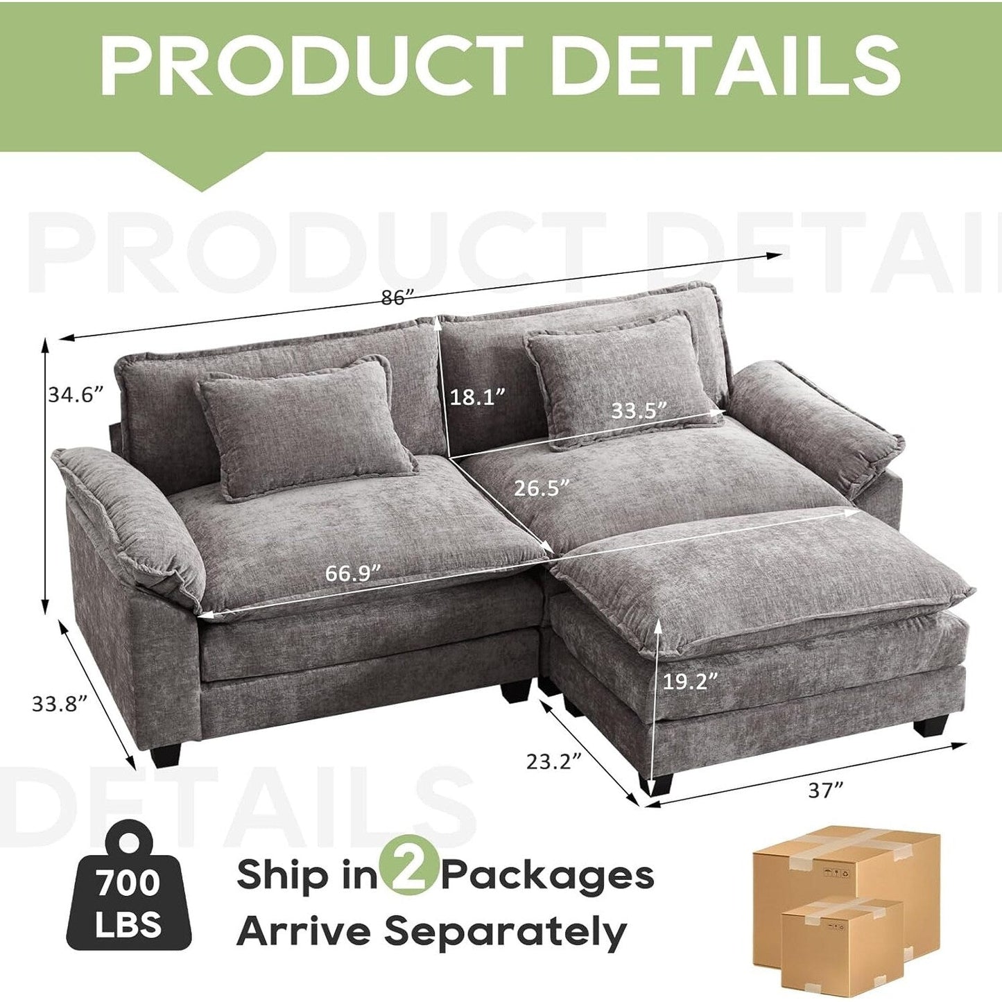 Divano componibile 86 Cloud - Divano a L in ciniglia con pouf e cuscini, seduta profonda (beige bianco)