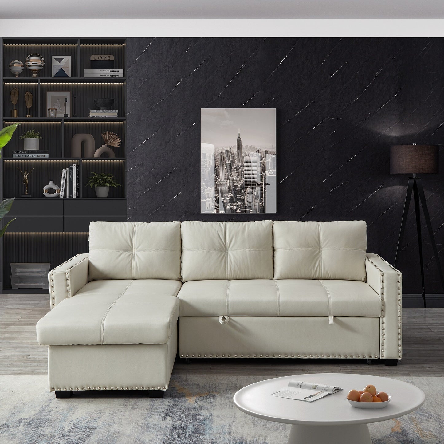 Divano letto trasformabile da 88'' a 3 posti con chaise longue contenitore, letto estraibile, finiture con borchie