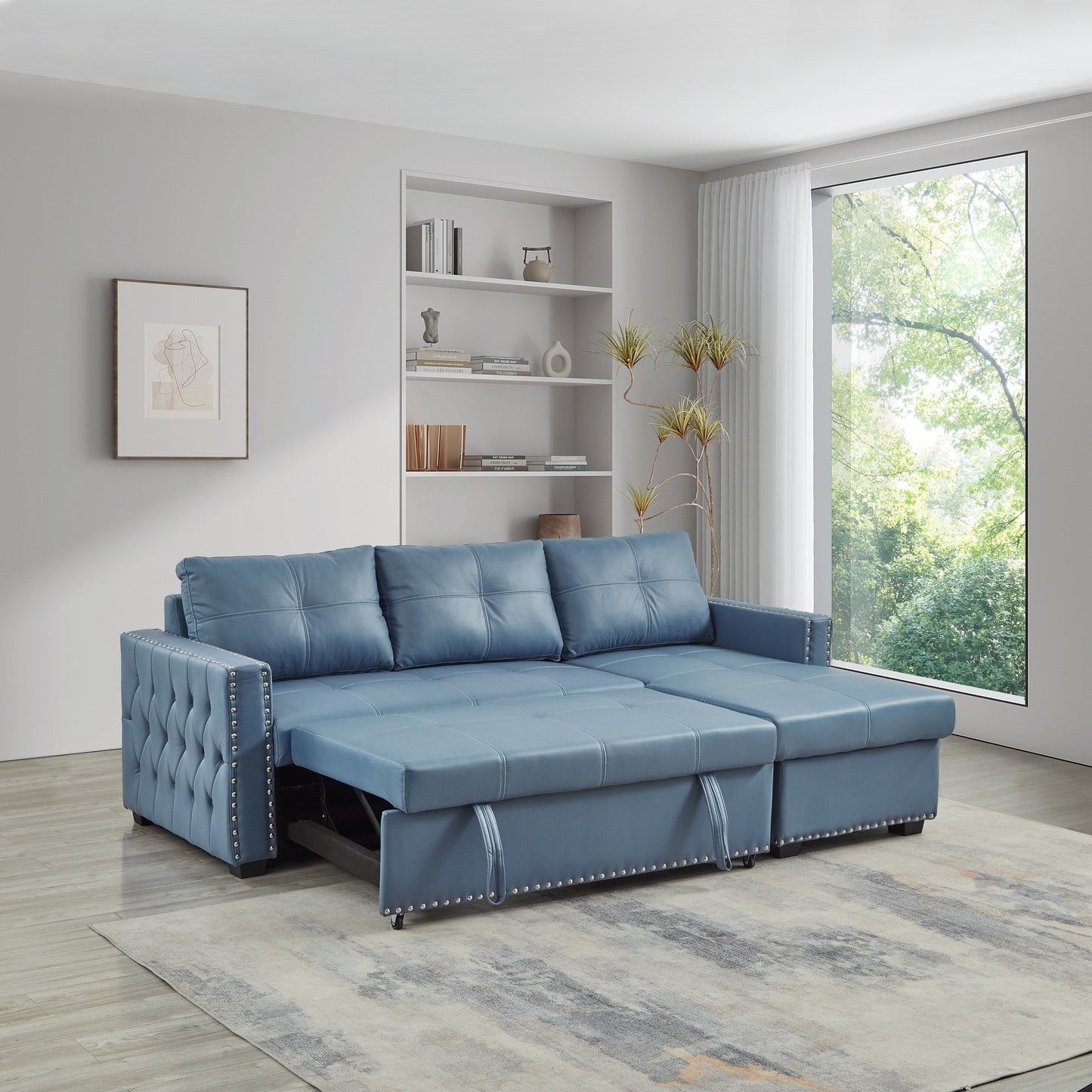 Divano letto trasformabile da 88'' a 3 posti con chaise longue contenitore, letto estraibile, finiture con borchie argentate, comoda imbottitura in spugna