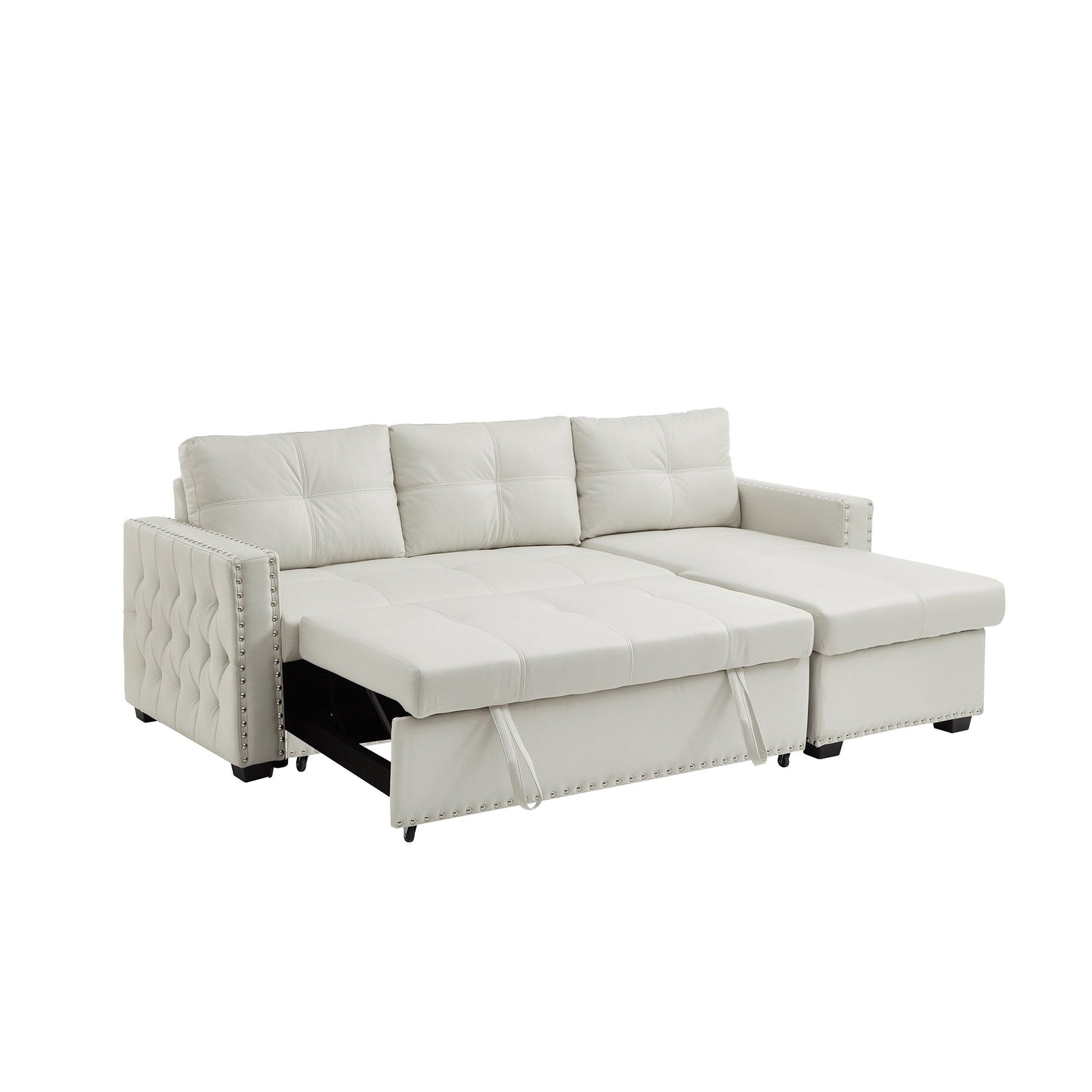 Divano letto trasformabile da 88'' a 3 posti con chaise longue contenitore, letto estraibile, finiture con borchie argentate, comoda imbottitura in spugna