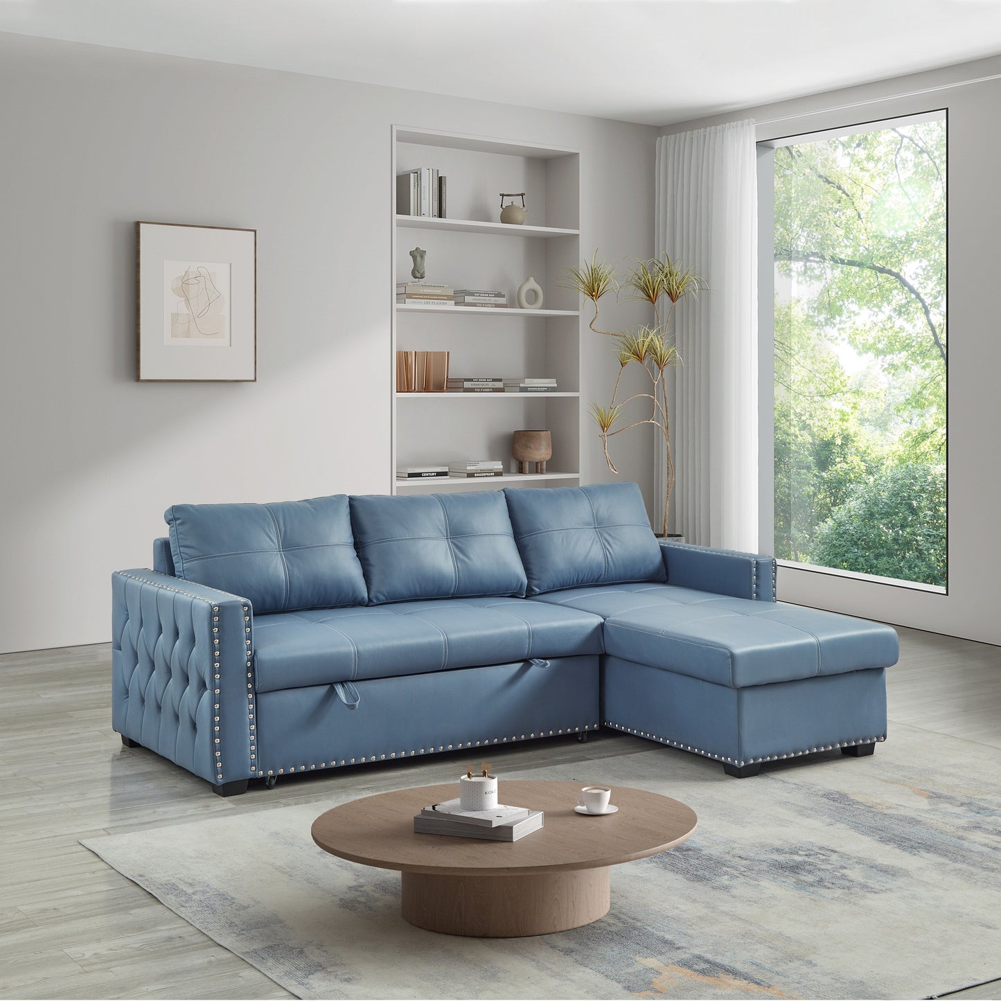 Divano letto trasformabile in microfibra da 88'' a 3 posti con chaise longue contenitore e funzione letto estraibile