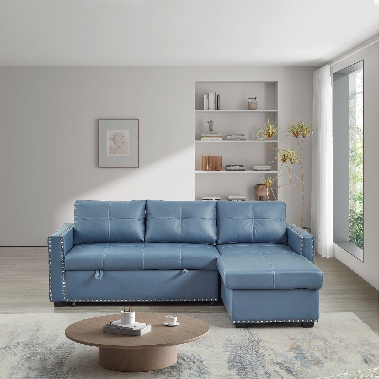 Divano letto trasformabile in microfibra da 88'' a 3 posti con chaise longue contenitore e funzione estraibile