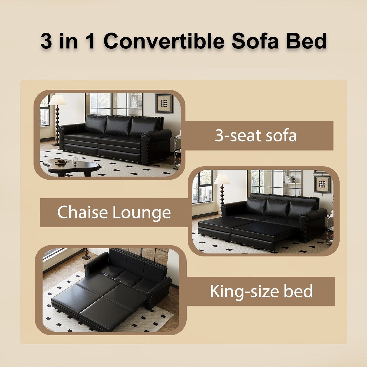 Divano letto a 3 posti in similpelle con chaise longue, stile retrò, con finiture a rivetto, 93,70