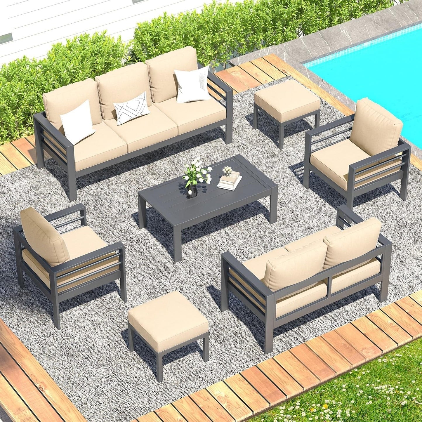AECOJOY Set di mobili da giardino in alluminio da 7 pezzi, set da conversazione all'aperto