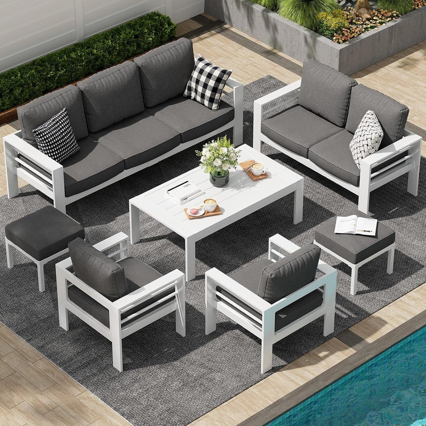 AECOJOY Set di mobili da giardino in alluminio da 7 pezzi, set da conversazione all'aperto