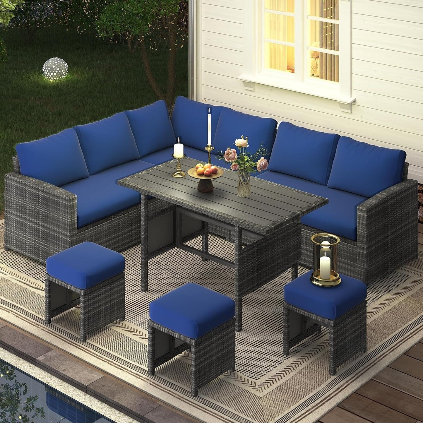 AECOJOY Set di mobili da giardino da 7 pezzi, divano componibile da esterno, set da conversazione in rattan