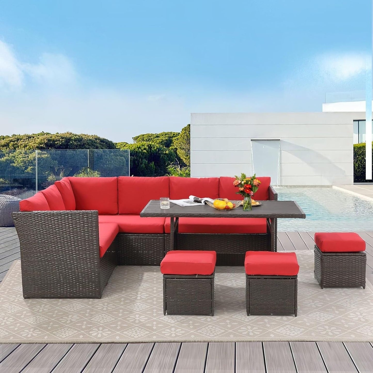 AECOJOY Set di mobili da giardino da 7 pezzi, divano componibile da esterno, set da conversazione in rattan