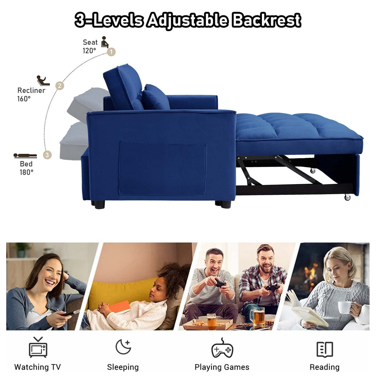 Divano letto trasformabile in velluto Aukfa con tasca laterale