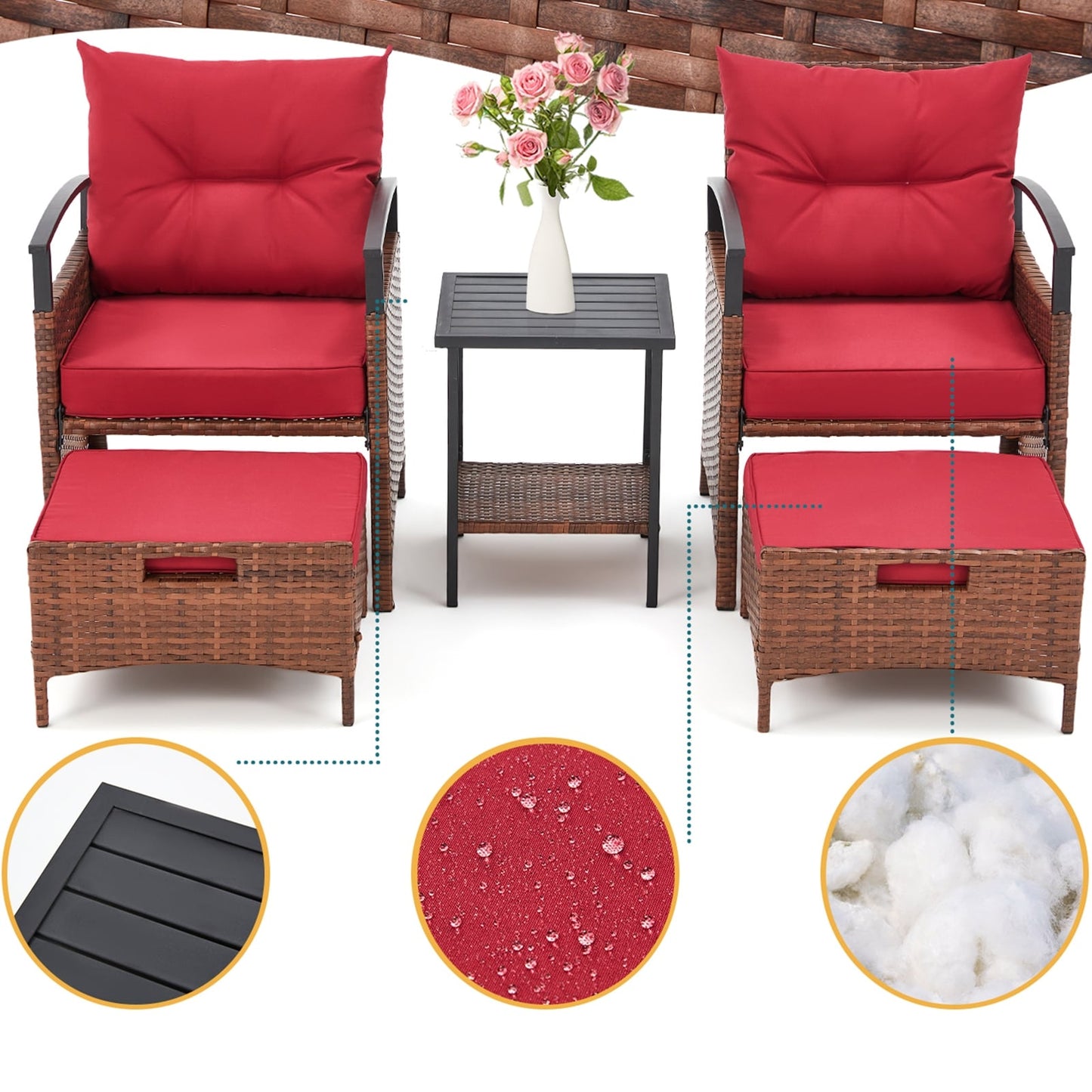 Set di mobili da giardino AVAWING da 5 pezzi, set da conversazione in vimini con tavolino e pouf