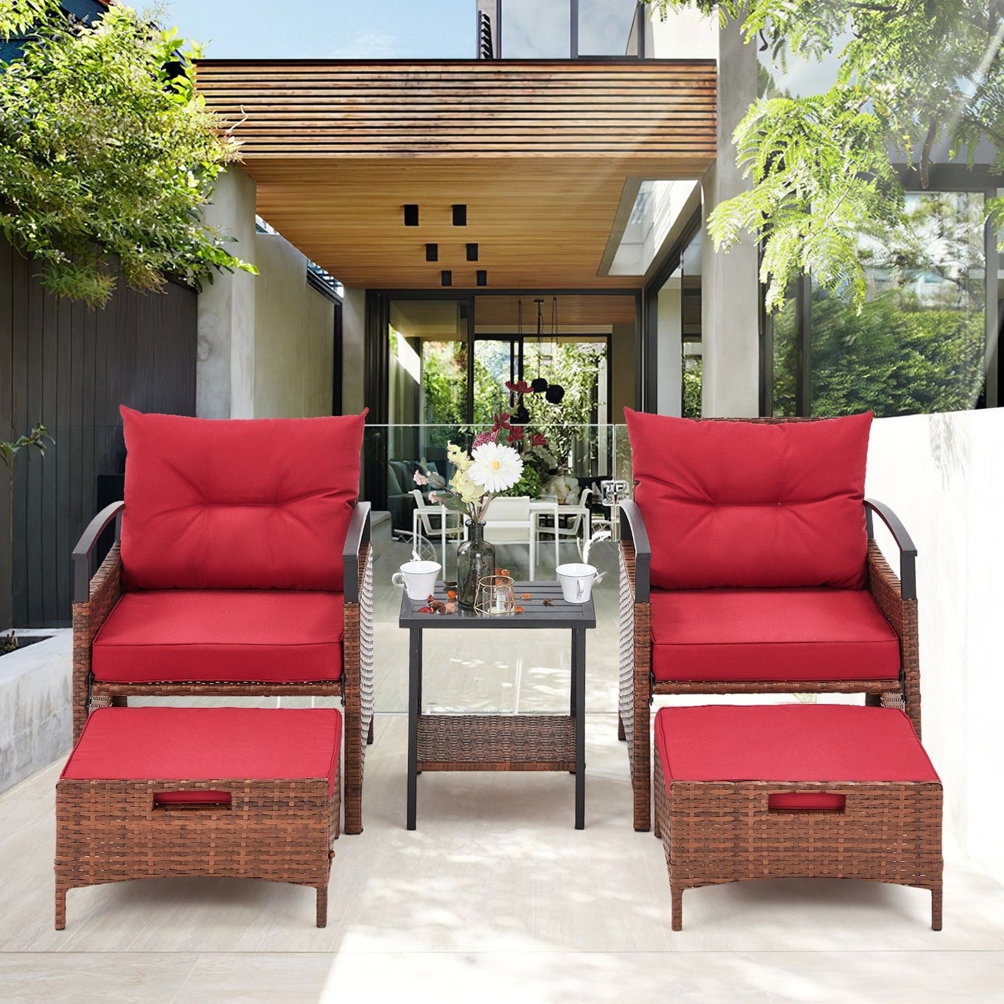 Set di mobili da giardino AVAWING da 5 pezzi, set da conversazione in vimini con tavolino e pouf