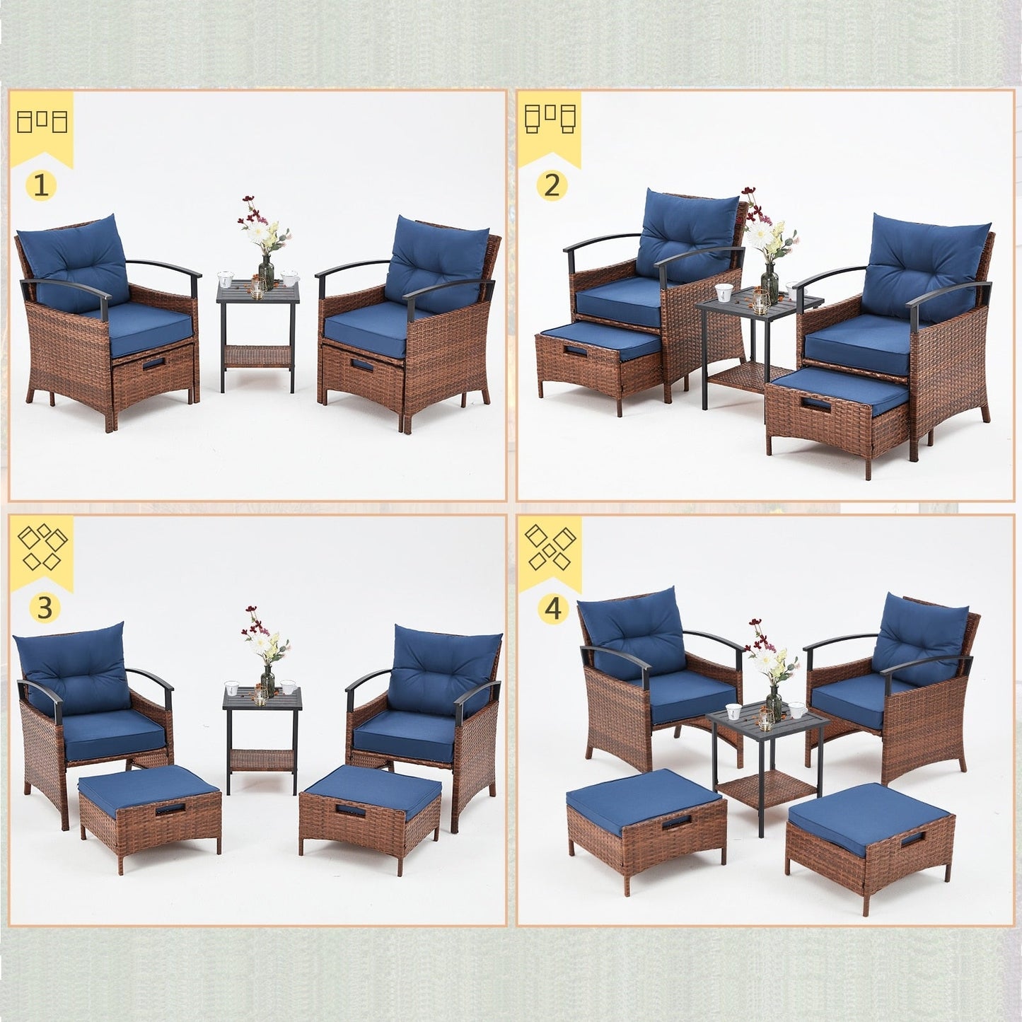 Set di mobili da giardino AVAWING da 5 pezzi, set da conversazione in vimini con tavolino e pouf