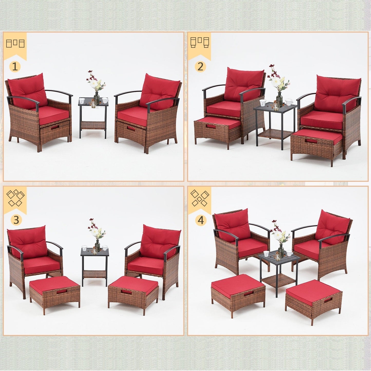 Set di mobili da giardino AVAWING da 5 pezzi, set da conversazione in vimini con tavolino e pouf
