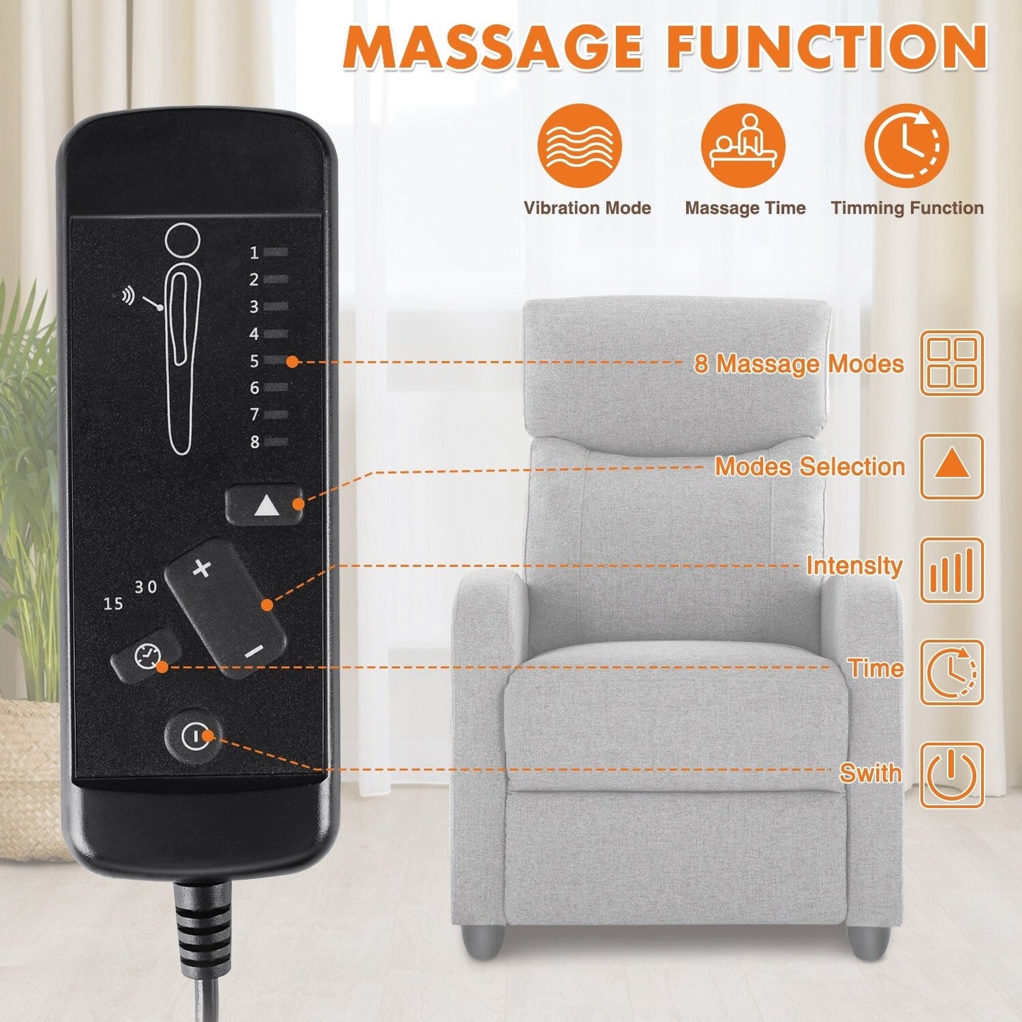 Poltrona reclinabile regolabile con 8 modalità di massaggio e supporto lombare per il relax e l'uso in home theater