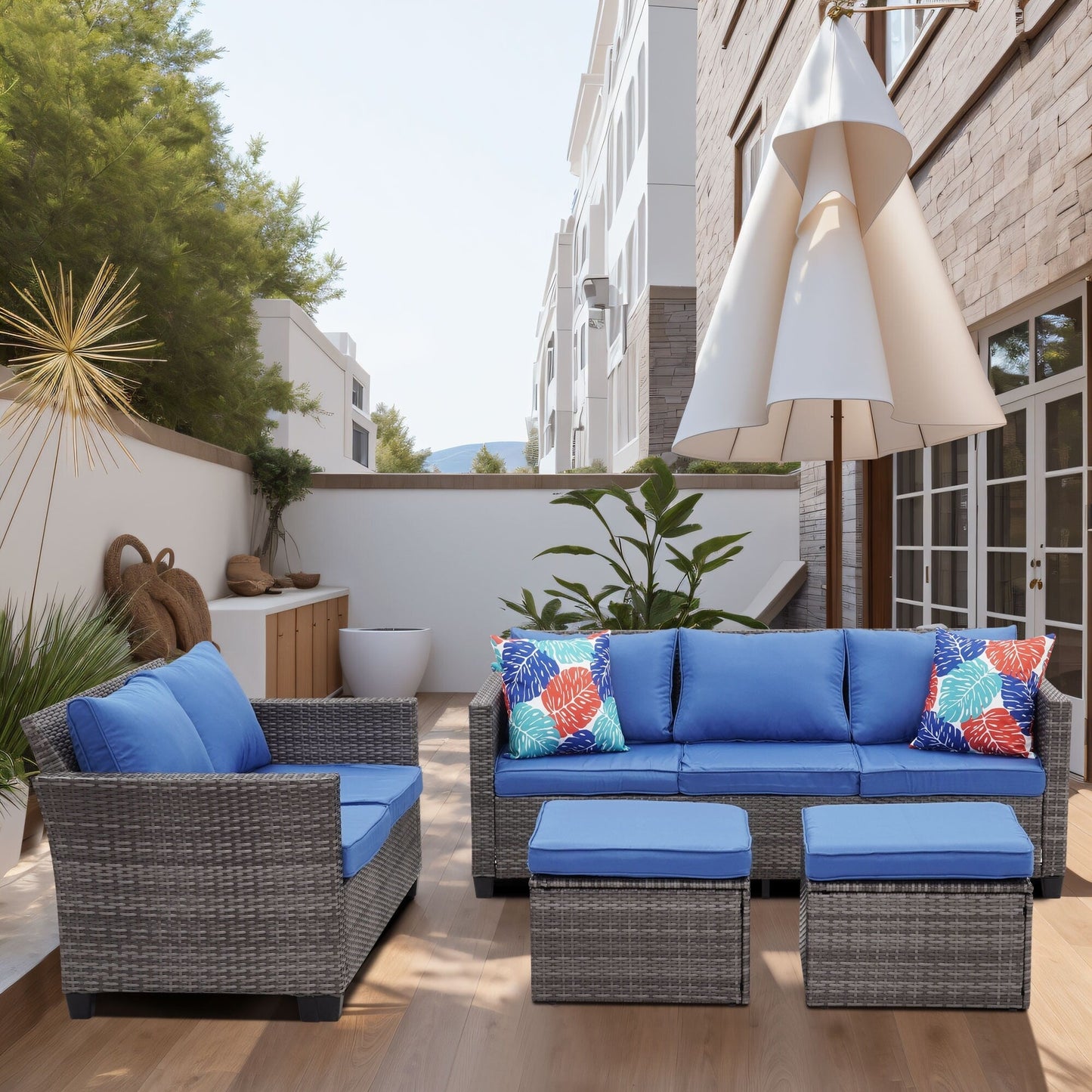 Ainfox Set di divani da esterno per patio Divano componibile in vimini Mobili da giardino Divano in rattan