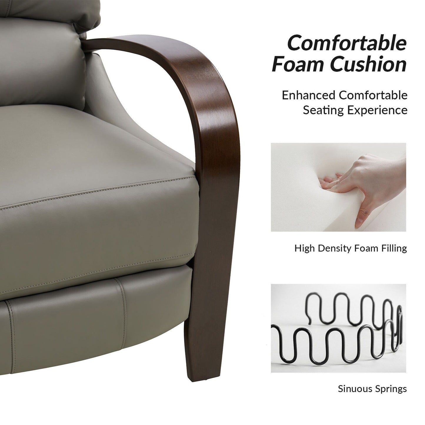 Poltrona reclinabile manuale Alex Mid-Century Modern in vera pelle con braccioli curvi in legno, set da 2