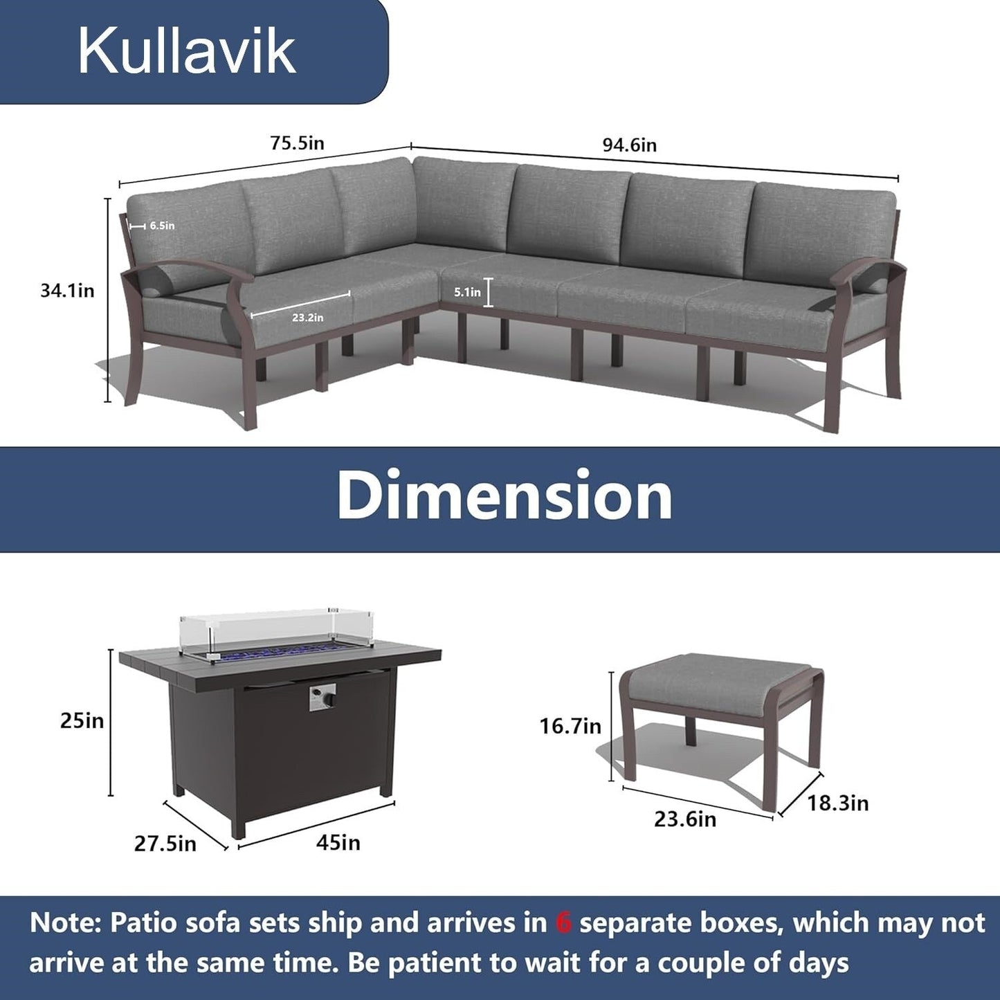 Set di divani angolari in alluminio, set di divani combinati per esterni da patio con braccioli e poggiapiedi