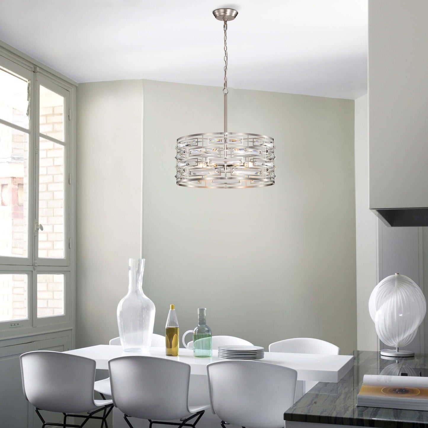 Lampadario Anita Drum Shade con prisma in vetro trasparente