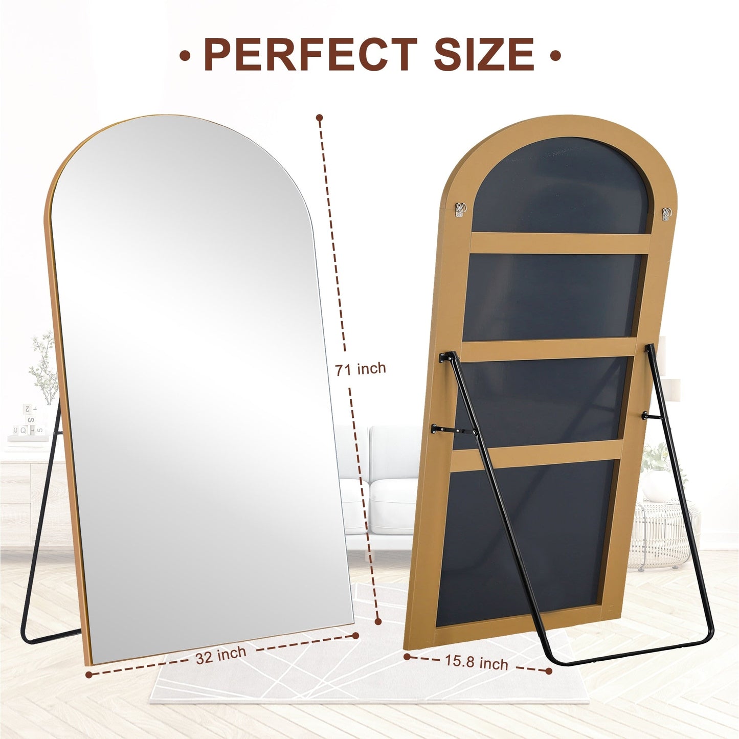 Specchio da pavimento in legno a figura intera ad arco, specchio da parete