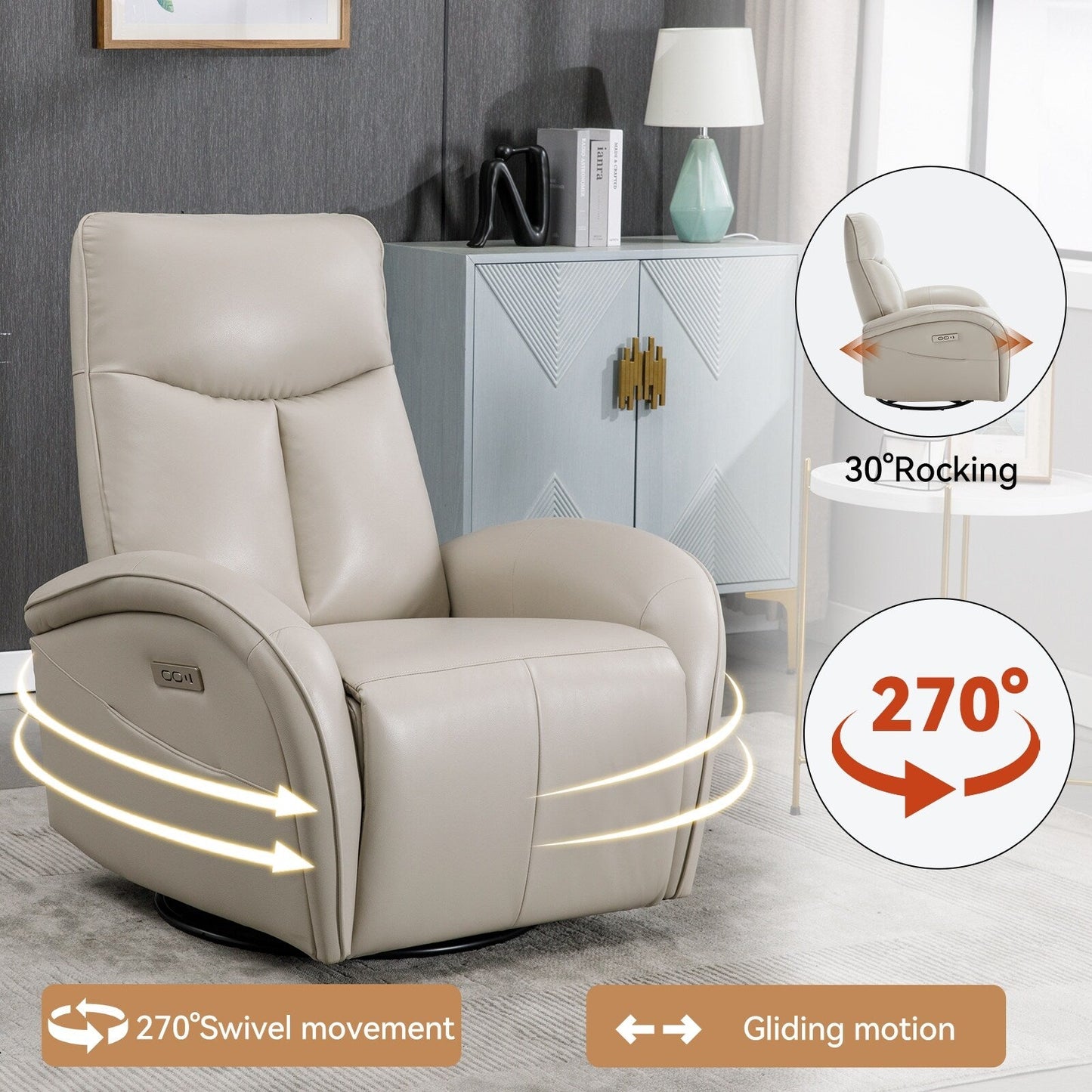 Poltrona reclinabile girevole Power Glider senza braccioli con USB e schienale alto