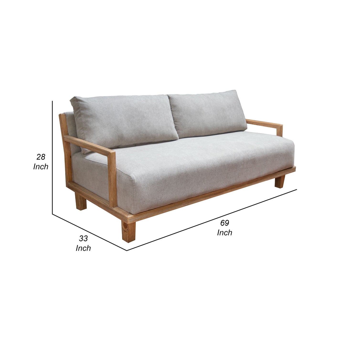 Divano Asic, poliestere beige, struttura in legno massello di pino color cammello, 69 pollici