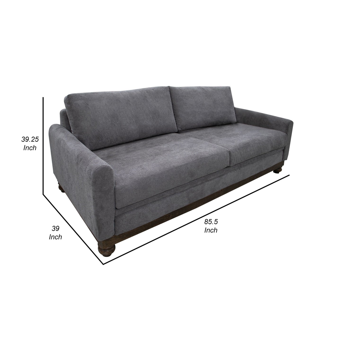 Divano Ata, poliestere grigio ferro, 2 cuscini decorativi, legno massello marrone, 86 pollici