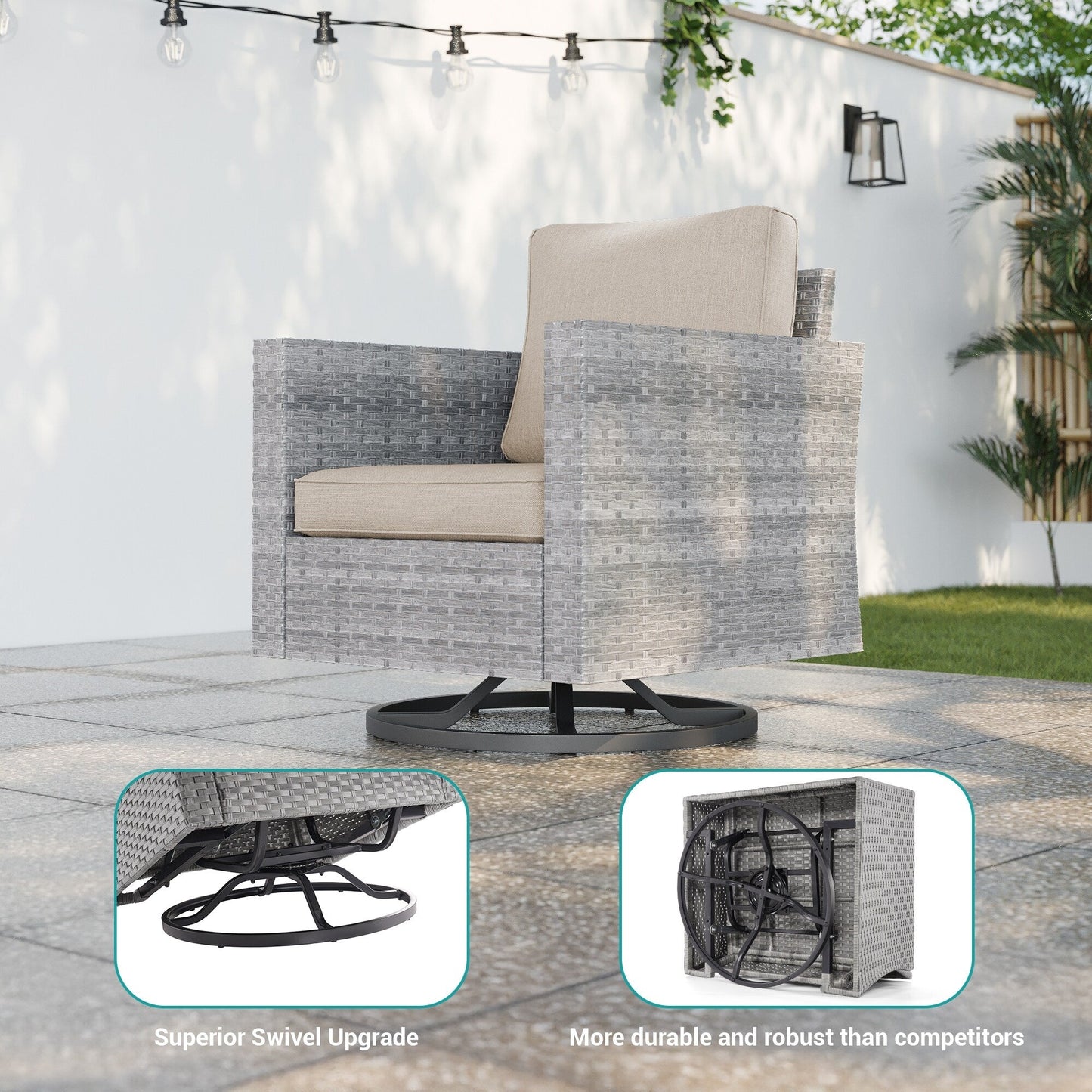 BONOSUKI 5 pezzi set di mobili da giardino girevoli e dondolo in rattan grigio