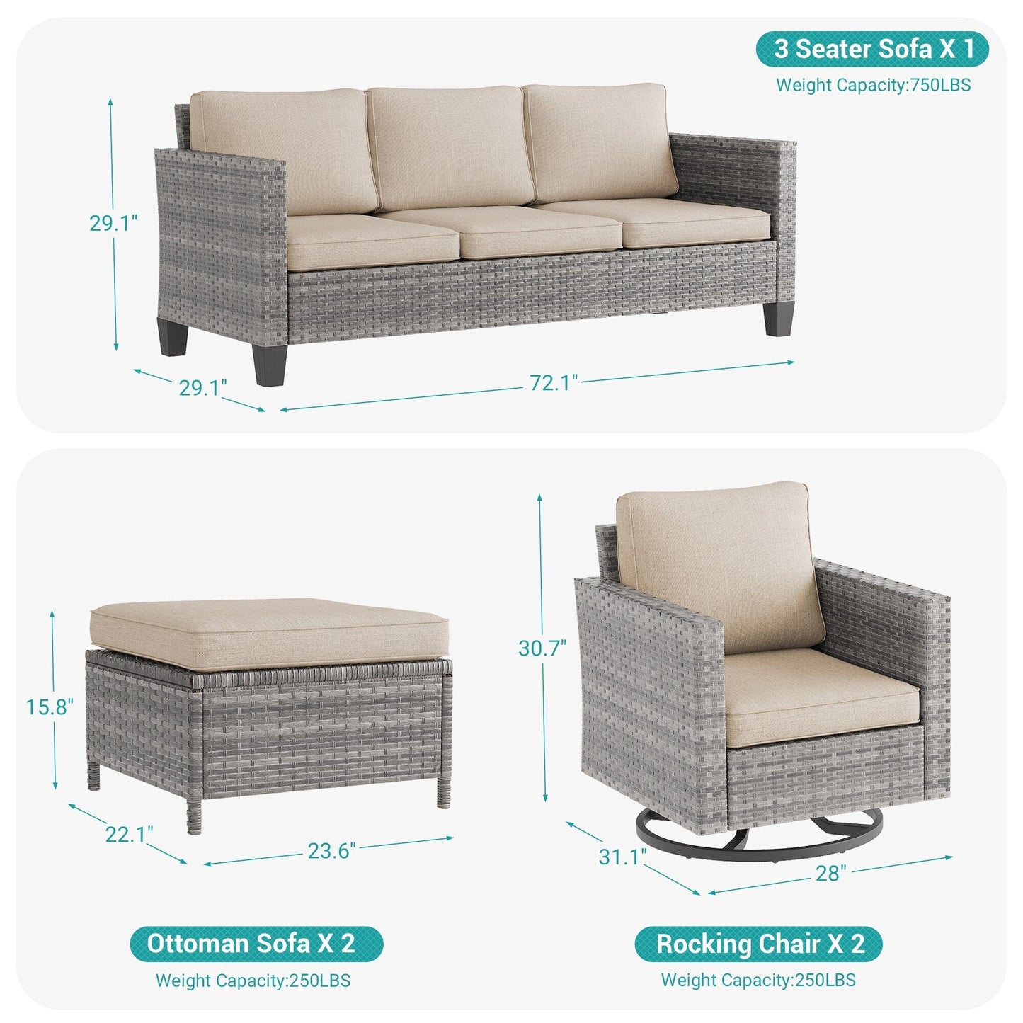 BONOSUKI 5 pezzi set di mobili da giardino girevoli e dondolo in rattan grigio